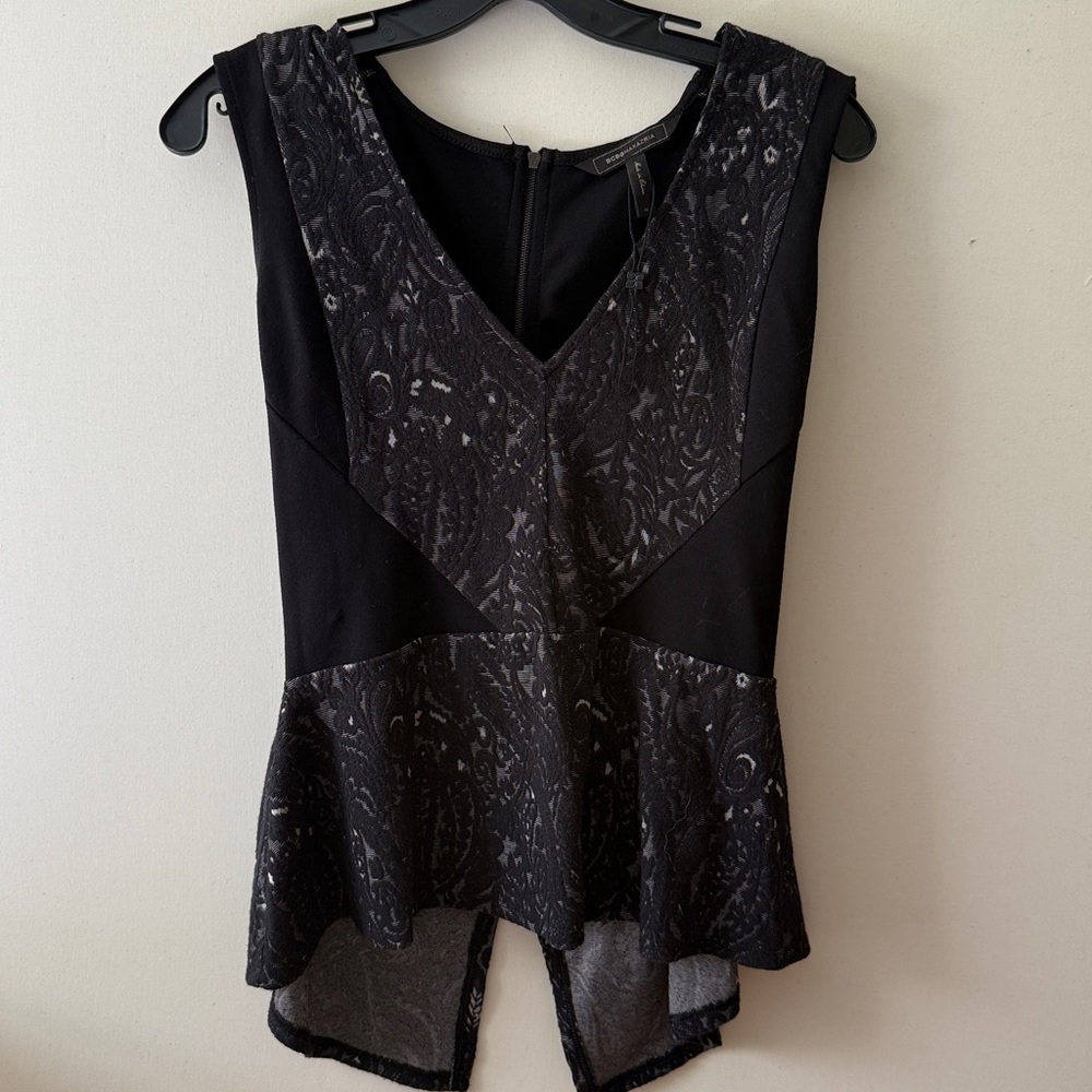 BCBGMAXAZRIA Black and Gray Sleeveless Peplum Top